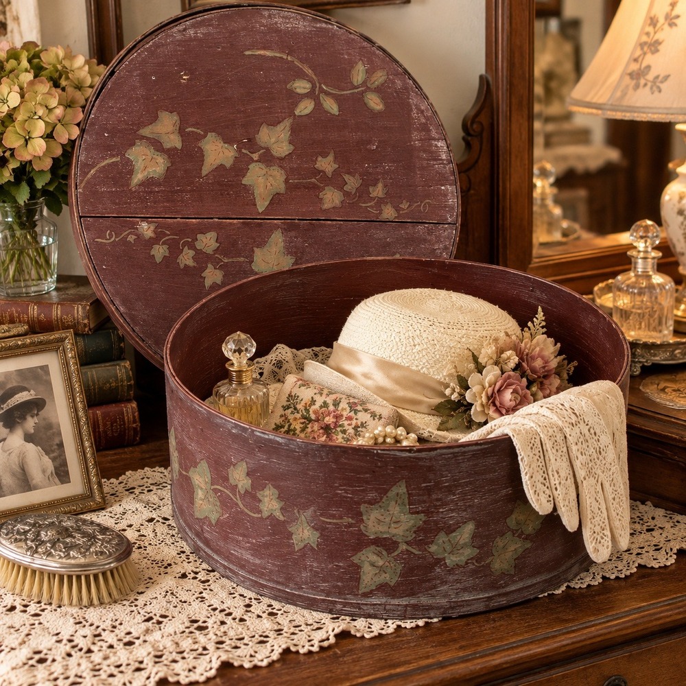 Vintage 1930s Bentwood Hat Box Hand Painted Ivy Leaf Round Storage 15 Inch Wide